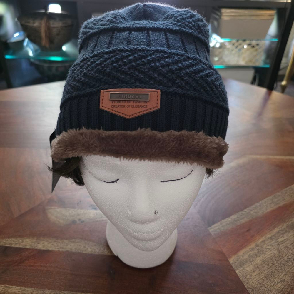 Women's HINDAWI One Size Black Knit Beanie Hat with Brown Faux Fur Lining